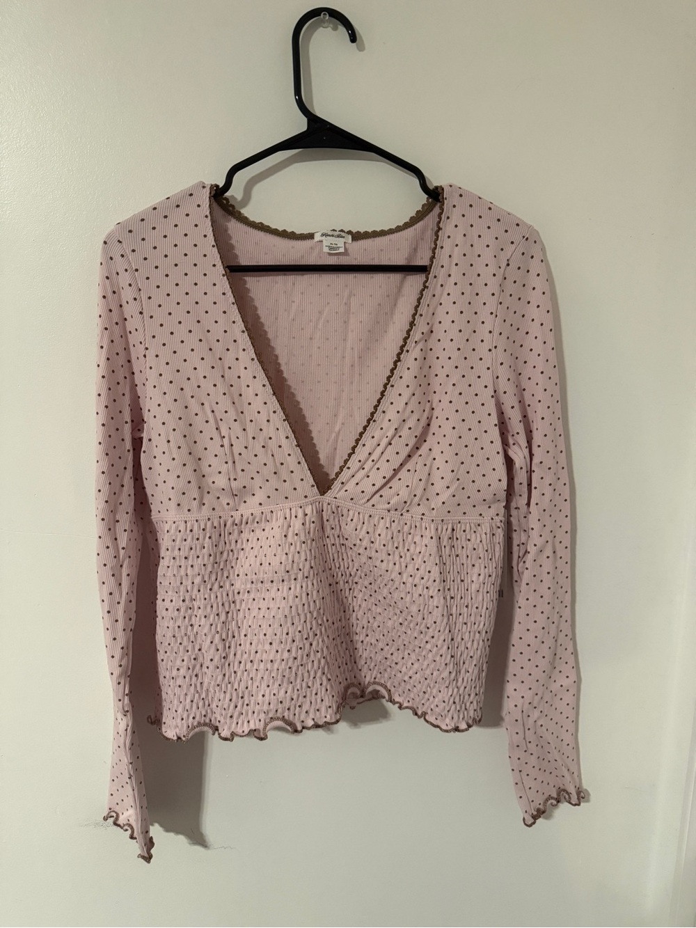 Urban Outfitters Pale Pink Polka Dot V-Neck Long Sleeve Top
